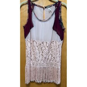 BKE Gimmicks Womens Mixed Media Lace Fringed Keyhole Neck‎ Tank Sz XS